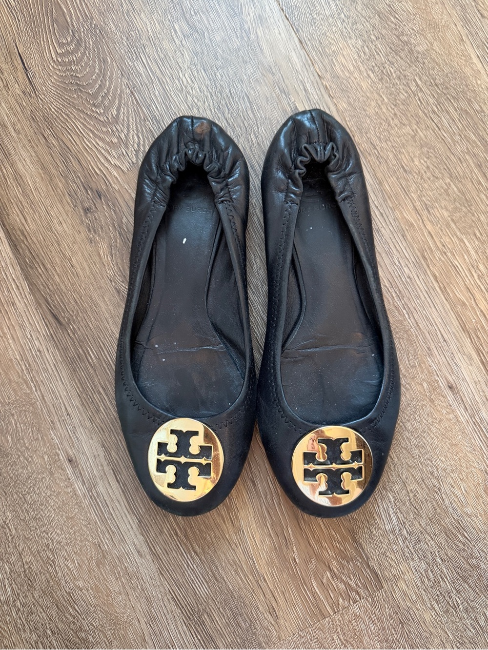 Tory Burch Black Leather Reva Ballet Flats with Gold Logo Size 8